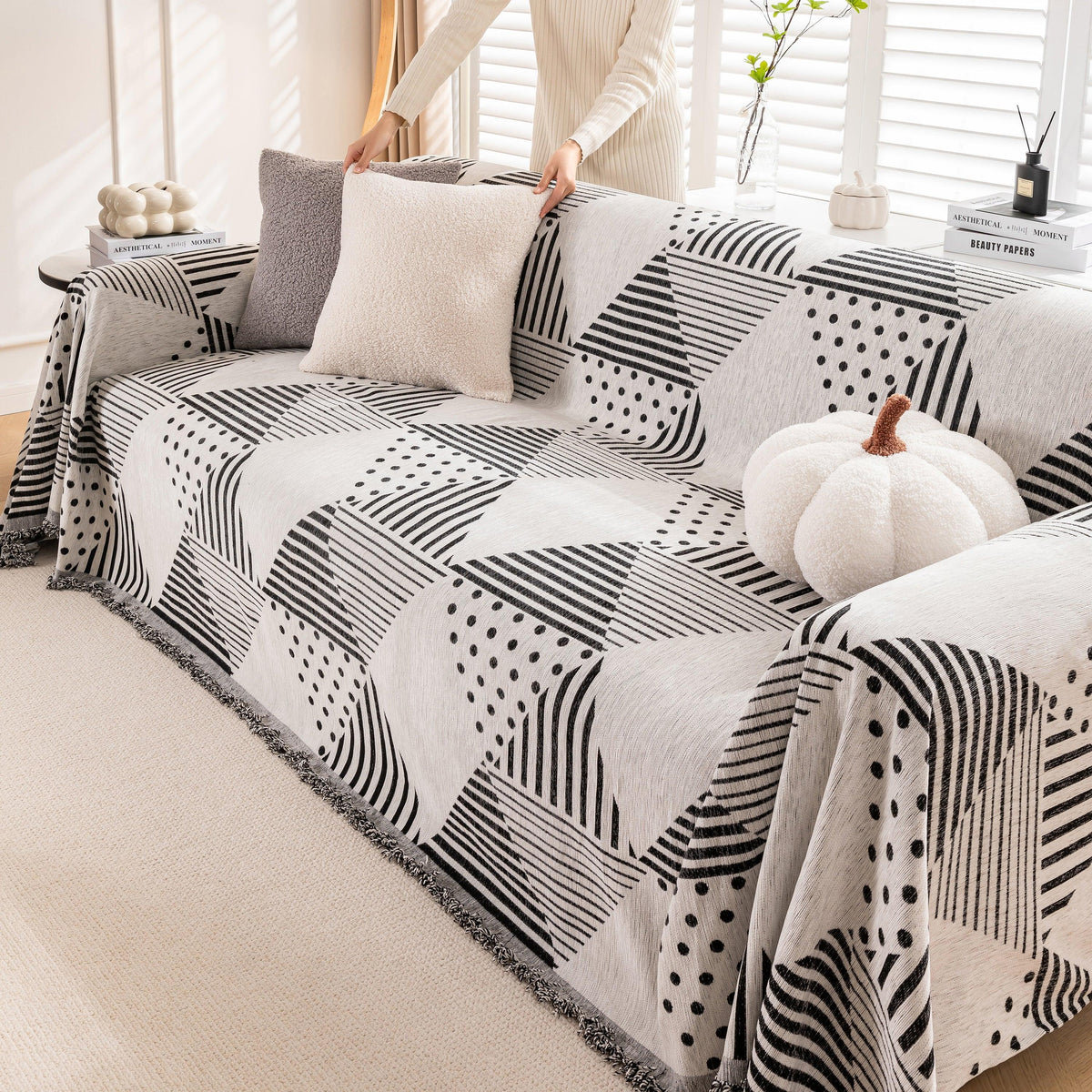 Chenille Geometric Patterned Sofa Throw, Couch Covers for Sectionals for Pets, Throw Cover for Couch