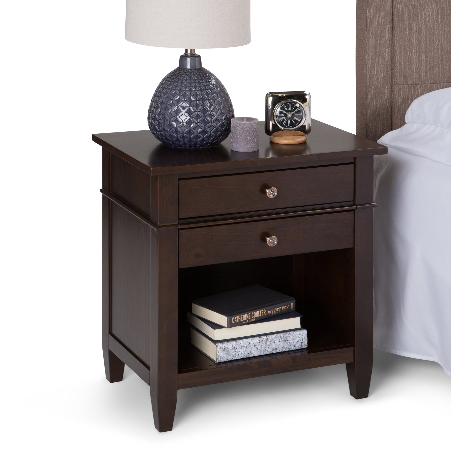 Carlton 24 Inch Wide Solid Wood Bedside Table in Brunette
