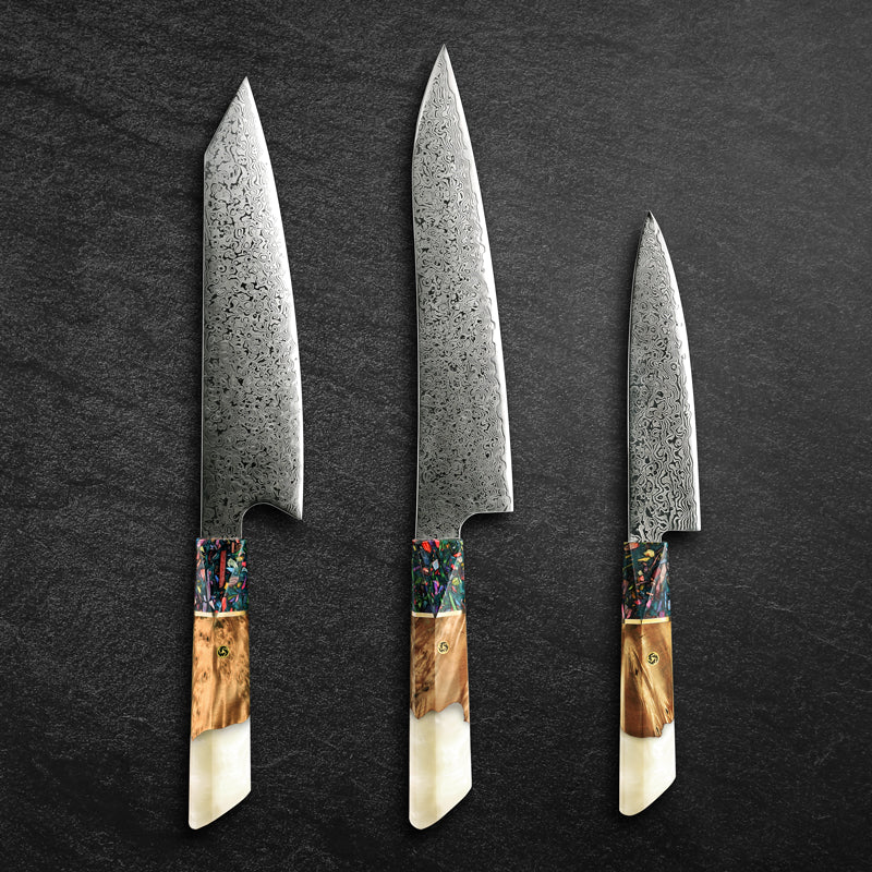 Pristine VG10 Chef Knife Set with Exotic Olive Burl Wood and Pearl Resin Handle