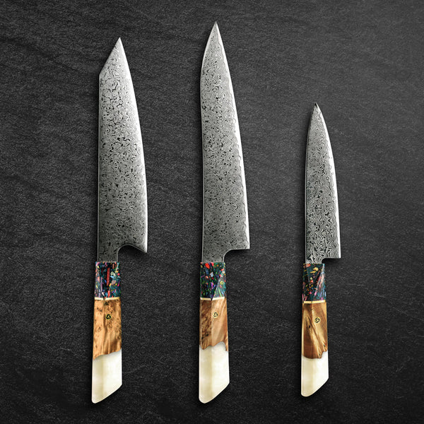 Pristine VG10 Chef Knife Set with Exotic Olive Burl Wood and Pearl Resin Handle