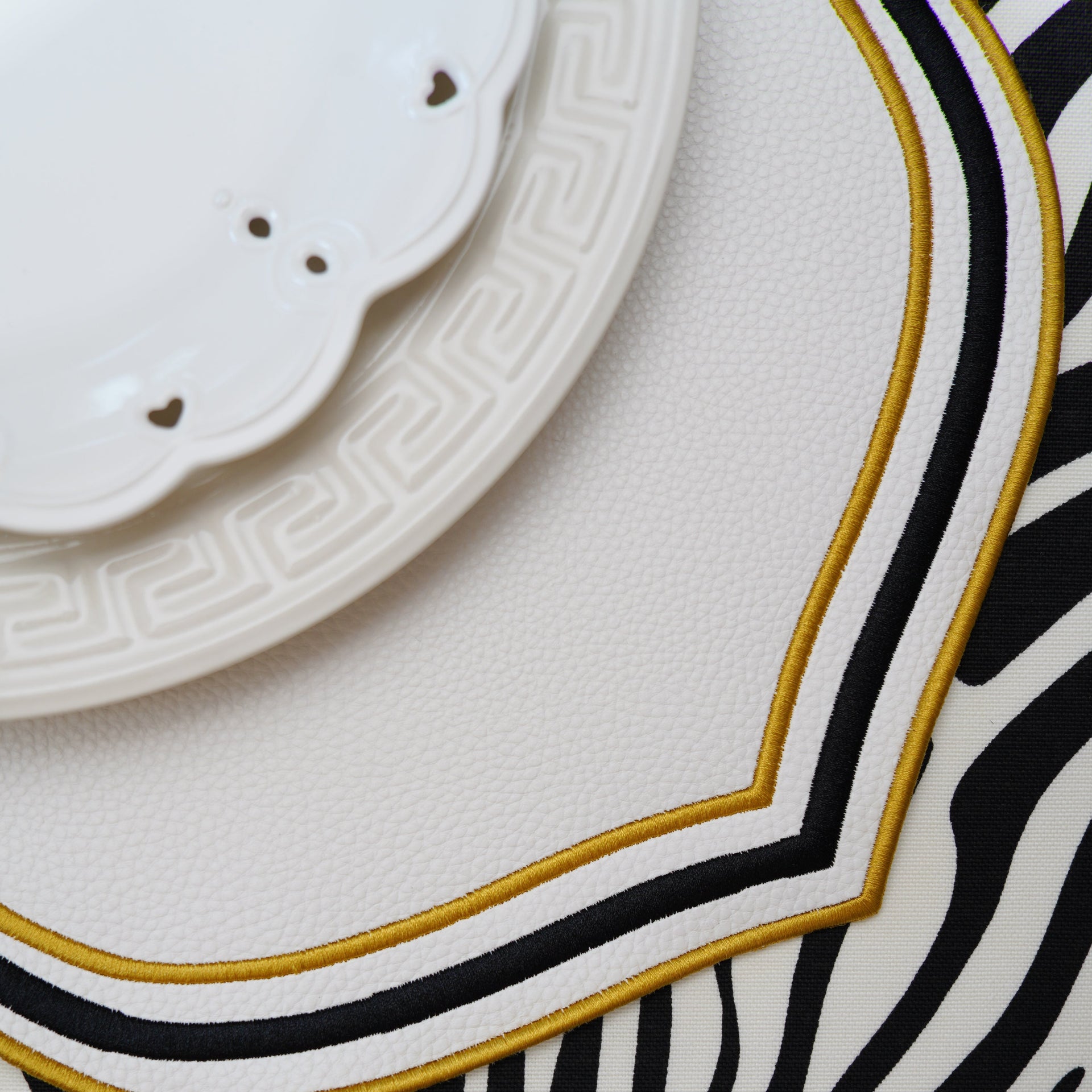 SPRING TABLE DECOR – ZEAL WHITE BLACK & GOLD FAUX LEATHER PLACEMAT