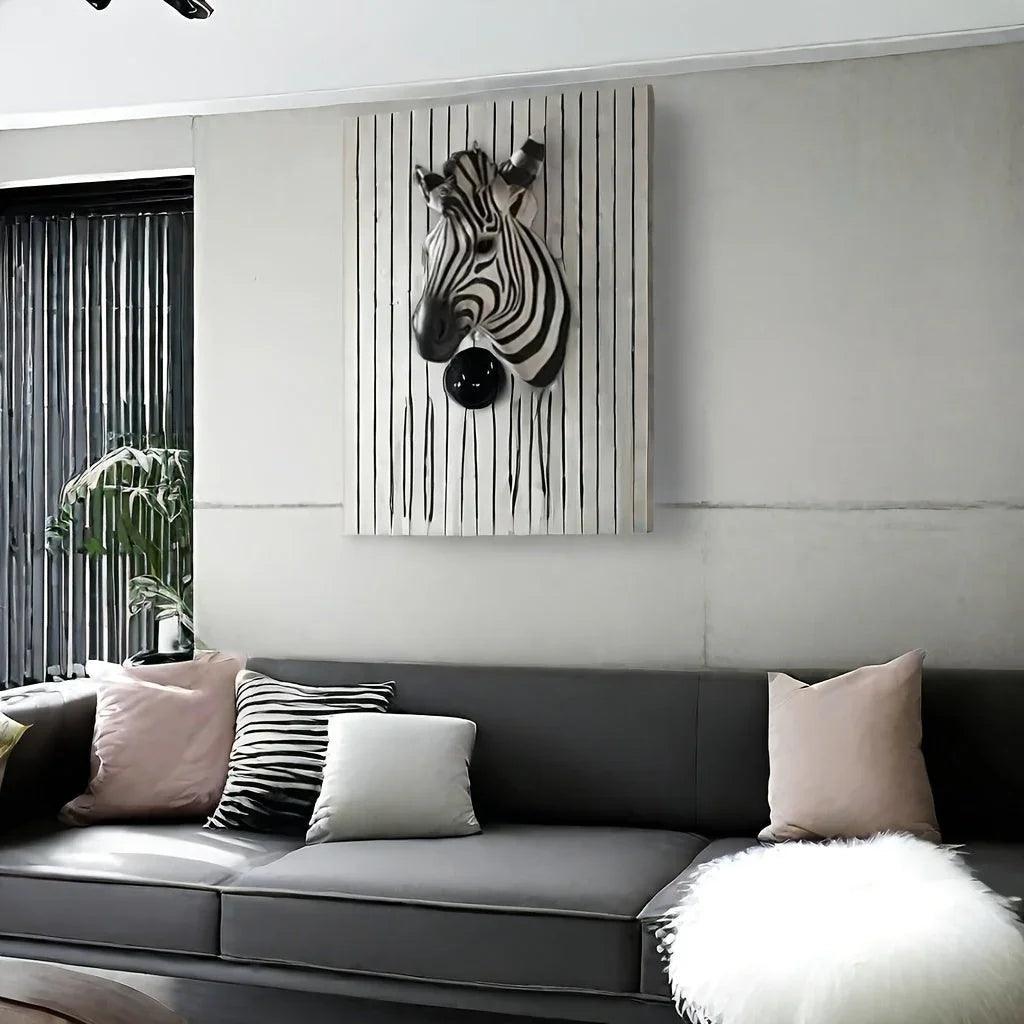 Zebra Head - Hand-Painted Boho White Wall