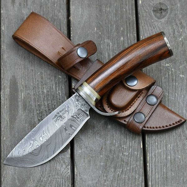 Zen Damascus Hunting Knife with Exotic Rose Wood Handle