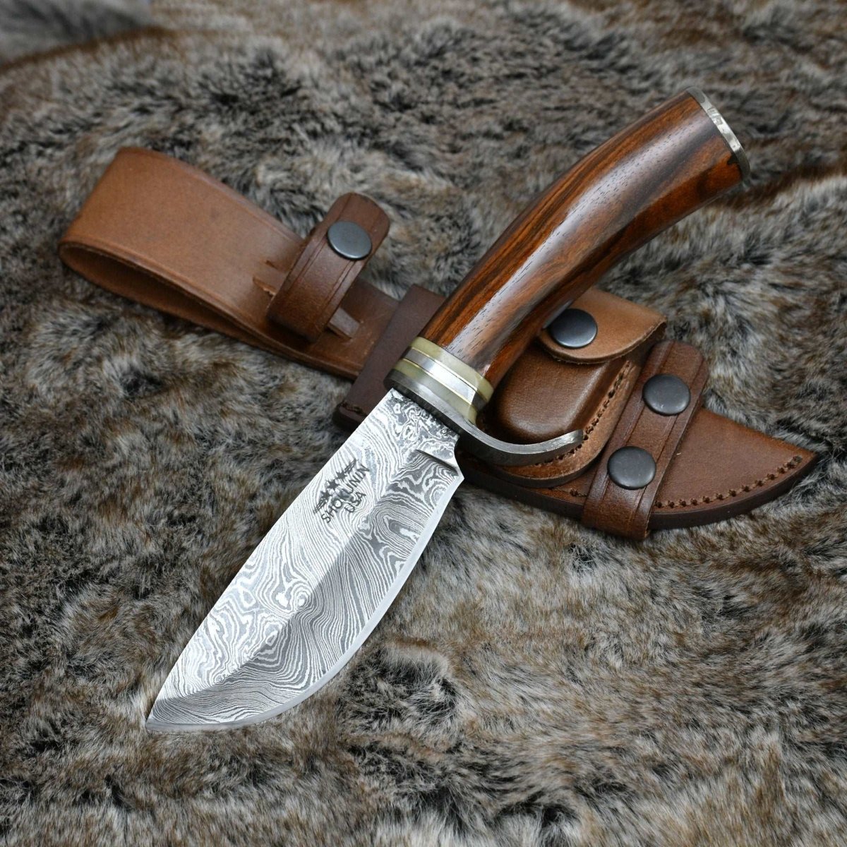 Zen Damascus Hunting Knife with Exotic Rose Wood Handle