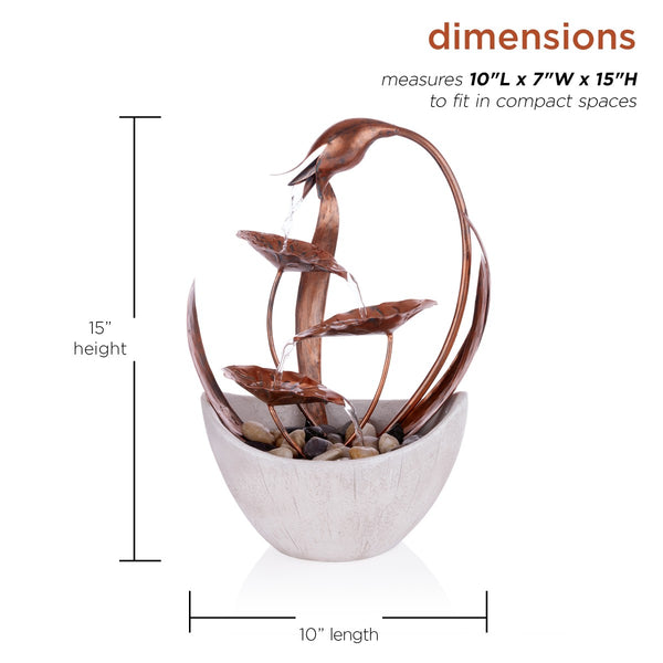 15 in. H Indoor Multi-Tier Metal Floral Leaf Tabletop Fountain with Stone-Filled Base - Gifts for You 'n Me