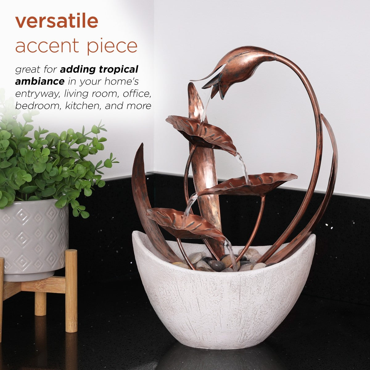 15 in. H Indoor Multi-Tier Metal Floral Leaf Tabletop Fountain with Stone-Filled Base