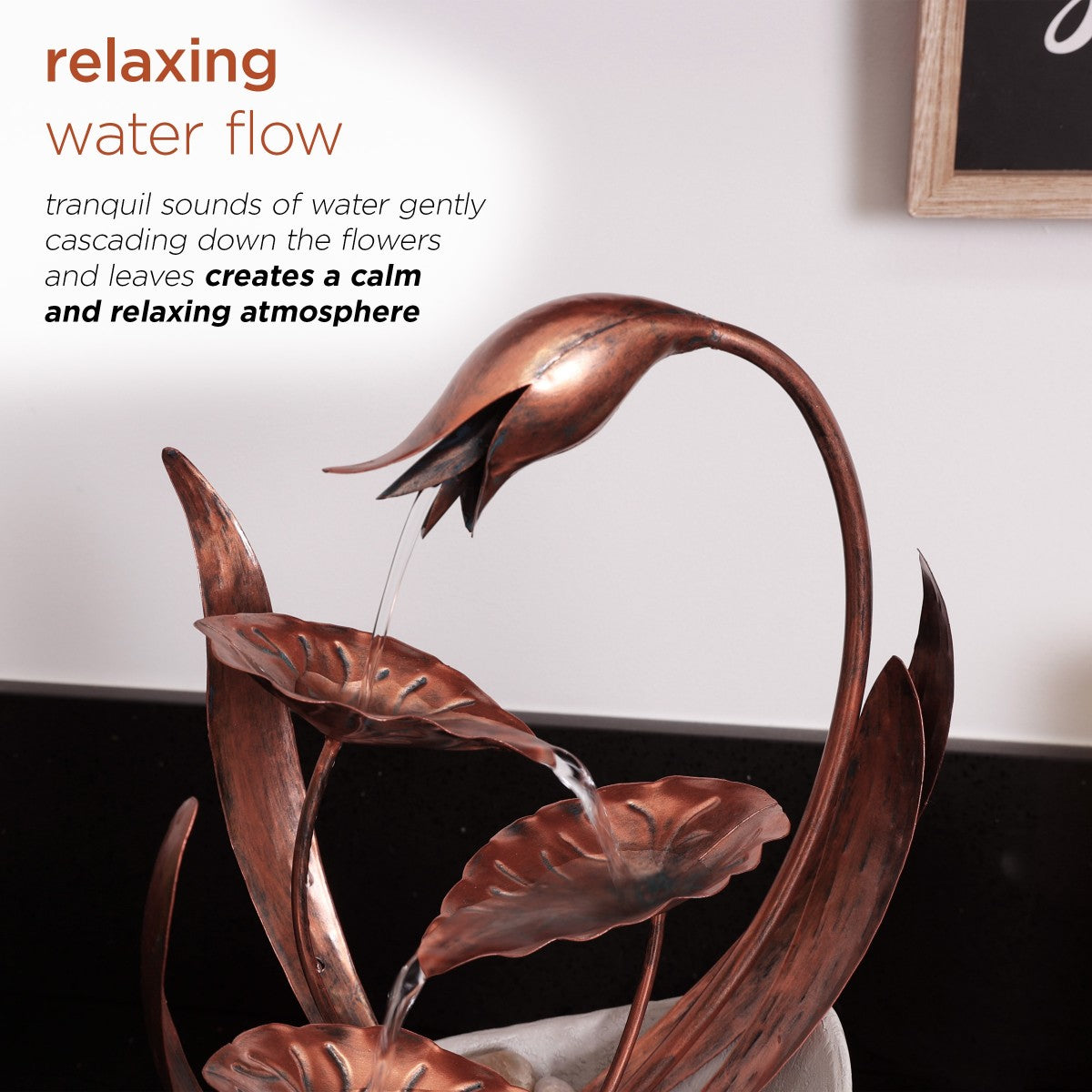 15 in. H Indoor Multi-Tier Metal Floral Leaf Tabletop Fountain with Stone-Filled Base