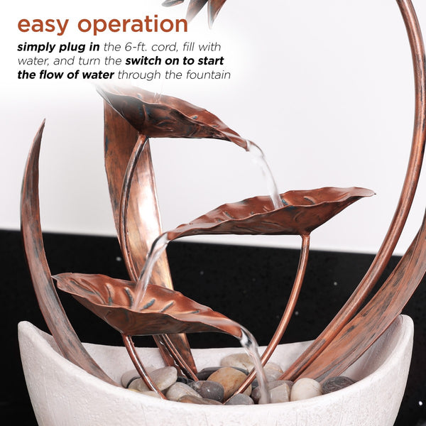 15 in. H Indoor Multi-Tier Metal Floral Leaf Tabletop Fountain with Stone-Filled Base - Gifts for You 'n Me