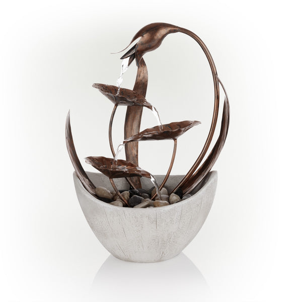 15 in. H Indoor Multi-Tier Metal Floral Leaf Tabletop Fountain with Stone-Filled Base - Gifts for You 'n Me