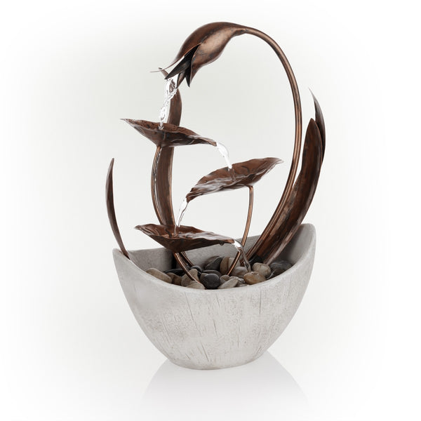 15 in. H Indoor Multi-Tier Metal Floral Leaf Tabletop Fountain with Stone-Filled Base - Gifts for You 'n Me