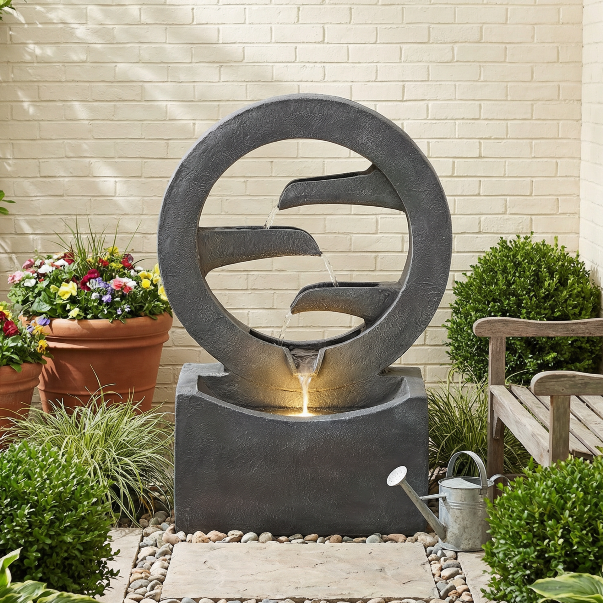 Resin Zen Ring Outdoor Water Fountain with Warm LED