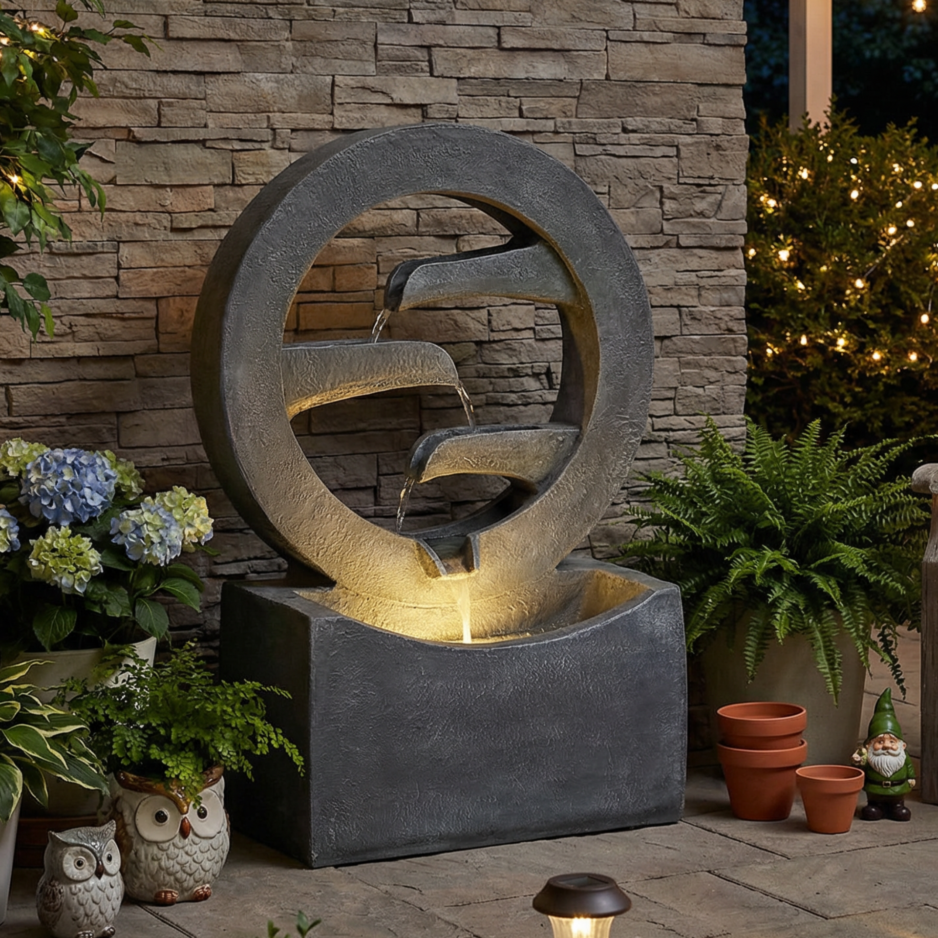 Resin Zen Ring Outdoor Water Fountain with Warm LED
