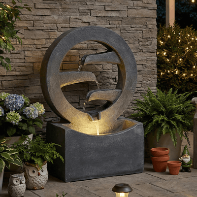 Resin Zen Ring Outdoor Water Fountain with Warm LED