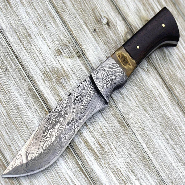 Zeus Damascus Steel Hunting Knife, With Antler & Rose Wood Handle - Gifts for You 'n Me