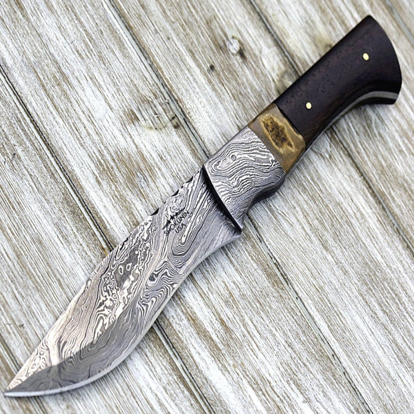 Zeus Damascus Steel Hunting Knife, With Antler & Rose Wood Handle