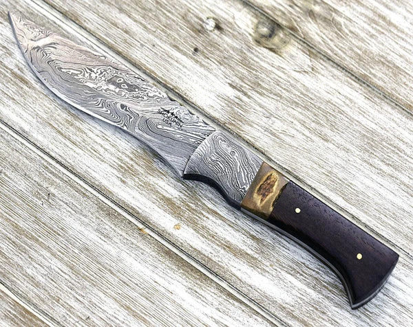 Zeus Damascus Steel Hunting Knife, With Antler & Rose Wood Handle - Gifts for You 'n Me