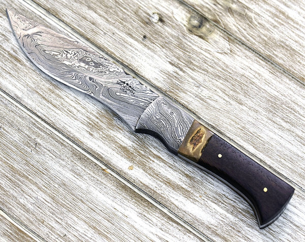 Zeus Damascus Steel Hunting Knife, With Antler & Rose Wood Handle