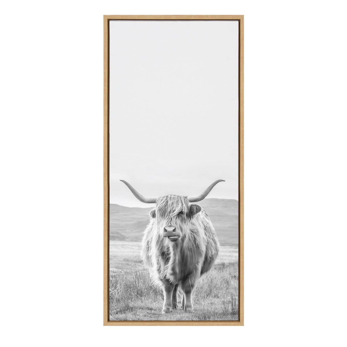 Sylvie Highland Cow Mountain Landscape Black and White Framed Canvas by The Creative Bunch Studio