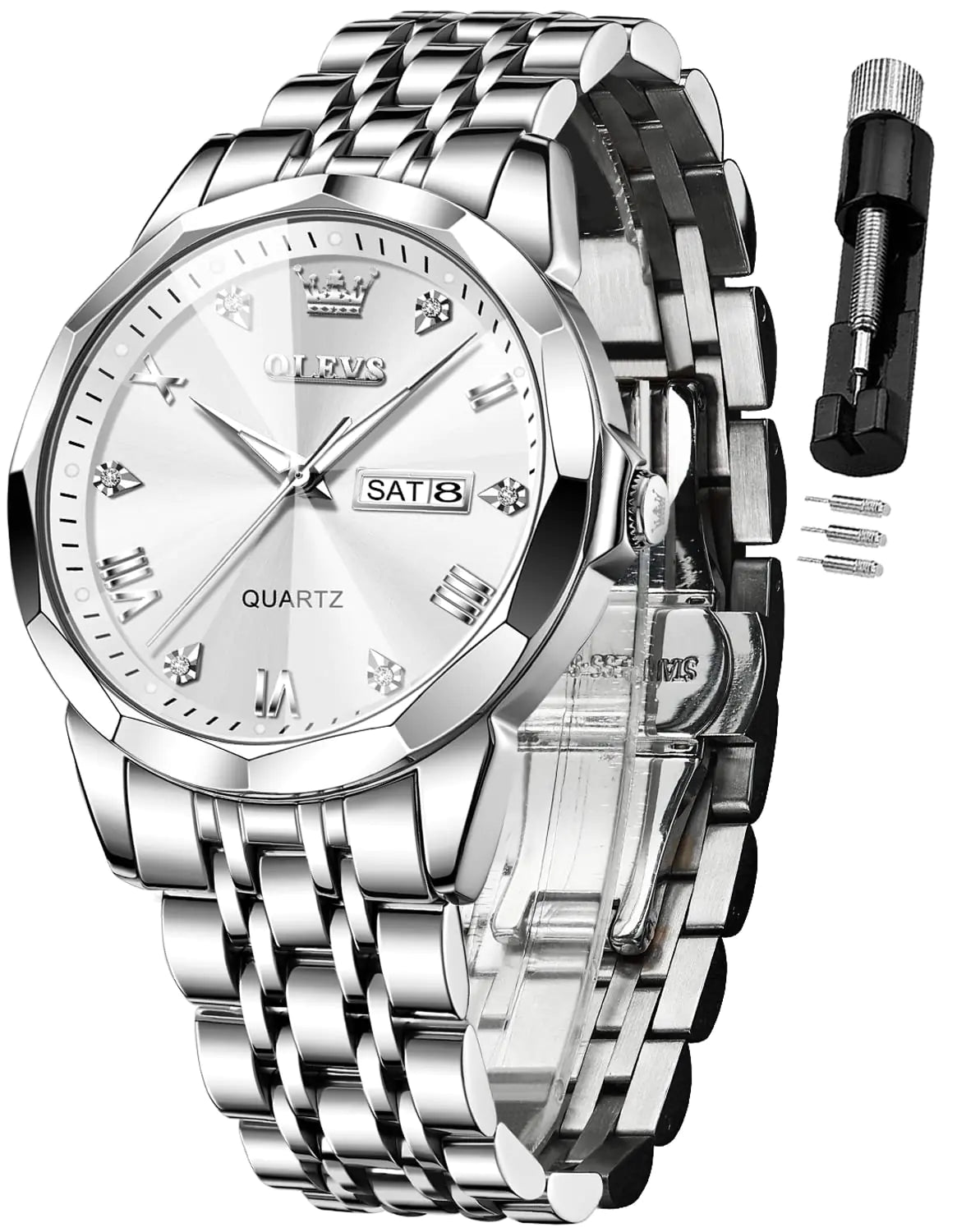 OLEVS Elegant Silver: Two-Tone Men’s Diamond Watch