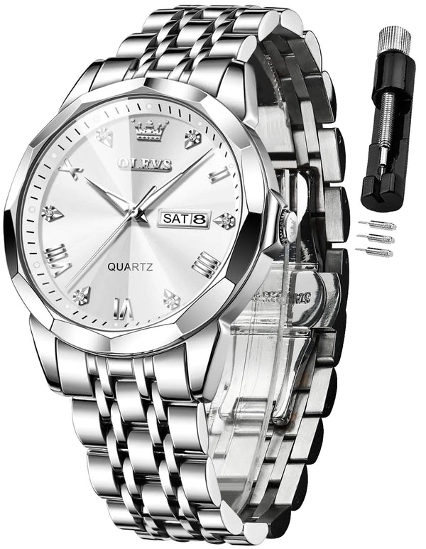 OLEVS Elegant Silver: Two-Tone Men’s Diamond Watch