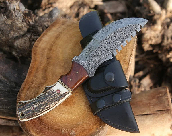 Zues Tracker Knife with Antler & Rose wood Handle - Gifts for You 'n Me