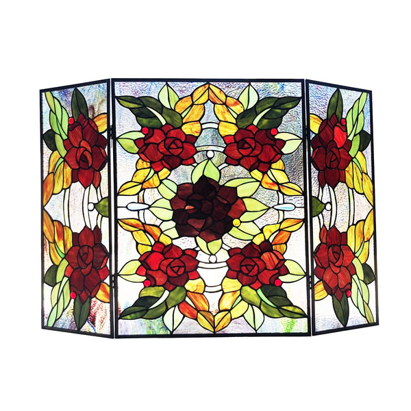 CHLOE Lighting CANNA Tiffany-Style 3pcs Folding Floral Stained Glass Fireplace Screen 40
