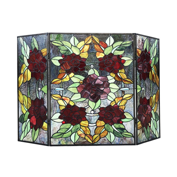 CHLOE Lighting CANNA Tiffany-Style 3pcs Folding Floral Stained Glass Fireplace Screen 40