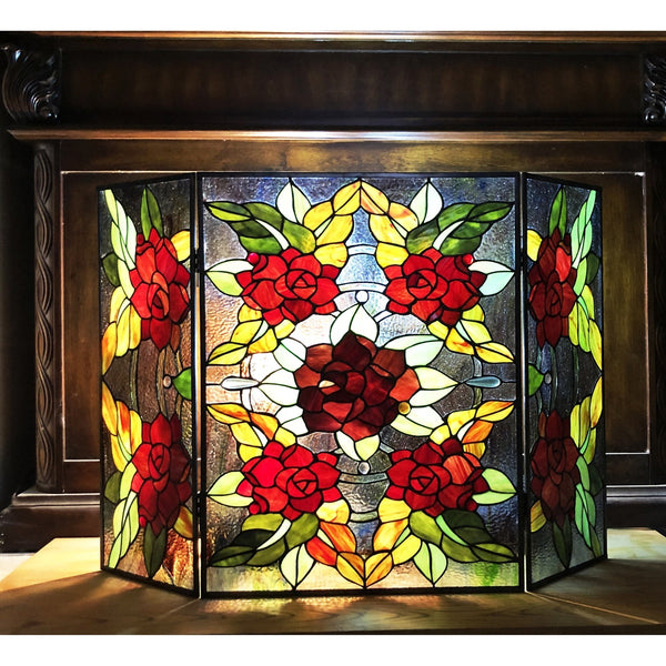 CHLOE Lighting CANNA Tiffany-Style 3pcs Folding Floral Stained Glass Fireplace Screen 40
