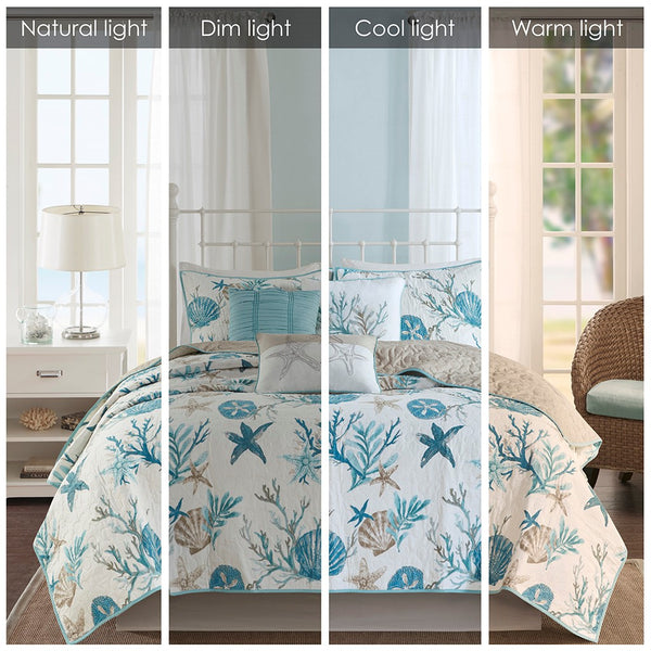 Pebble Beach 6 Piece Cotton Sateen Reversible Coverlet Set - Aqua