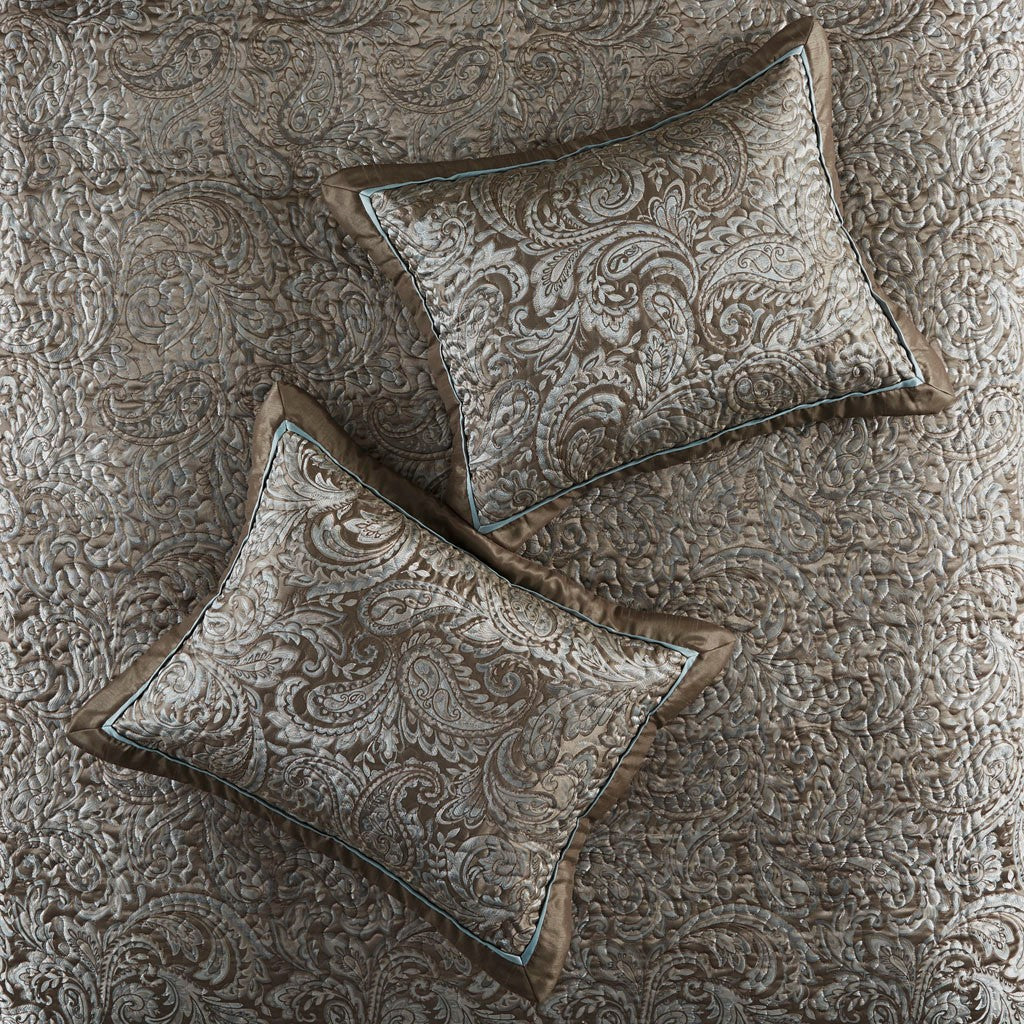 Aubrey 5 Piece Reversible Jacquard Bedspread Set in Blue/Brown