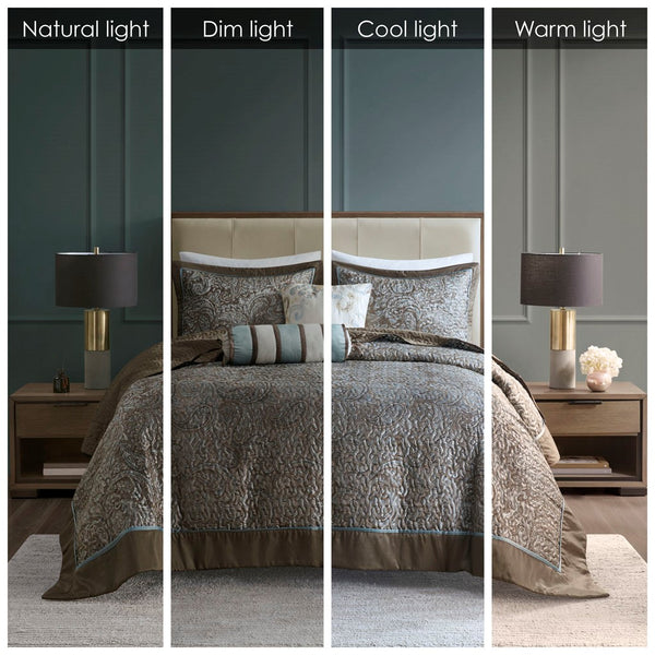 Aubrey 5 Piece Reversible Jacquard Bedspread Set in Blue/Brown