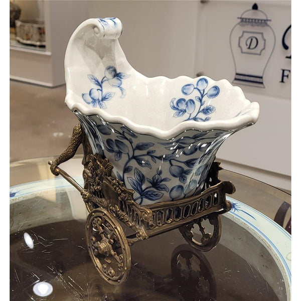 Blue Vine Rickshaw Basin/Planter with Bronze Monkey - Ormolu Collection - Gifts for You 'n Me
