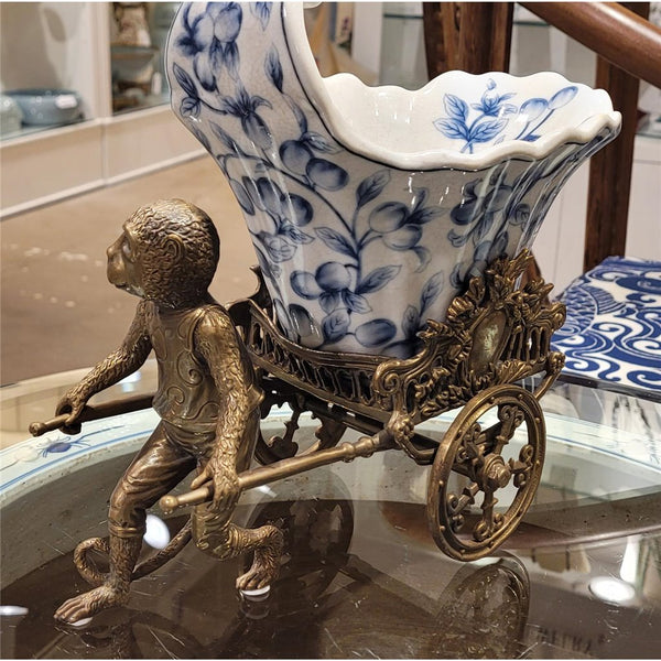 Blue Vine Rickshaw Basin/Planter with Bronze Monkey - Ormolu Collection - Gifts for You 'n Me