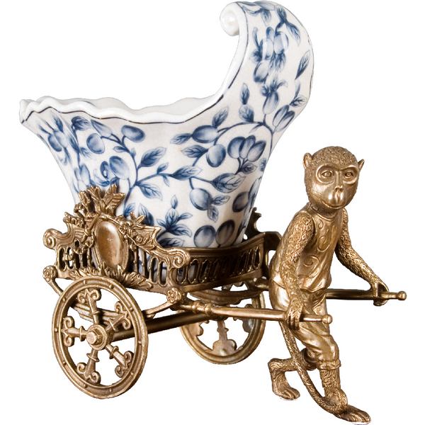 Blue Vine Rickshaw Basin/Planter with Bronze Monkey - Ormolu Collection