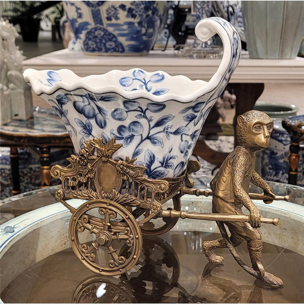Blue Vine Rickshaw Basin/Planter with Bronze Monkey - Ormolu Collection - Gifts for You 'n Me
