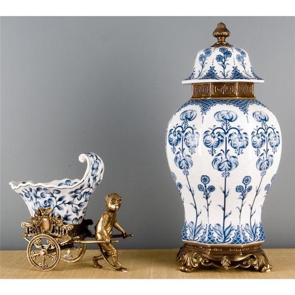 Blue Vine Rickshaw Basin/Planter with Bronze Monkey - Ormolu Collection - Gifts for You 'n Me