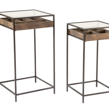 Set of 2 Side Tables with Glass Top Storage Drawer