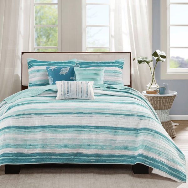 Marina 6 Piece Quilted Microfiber Coverlet Set with Throw Pillows - Aqua