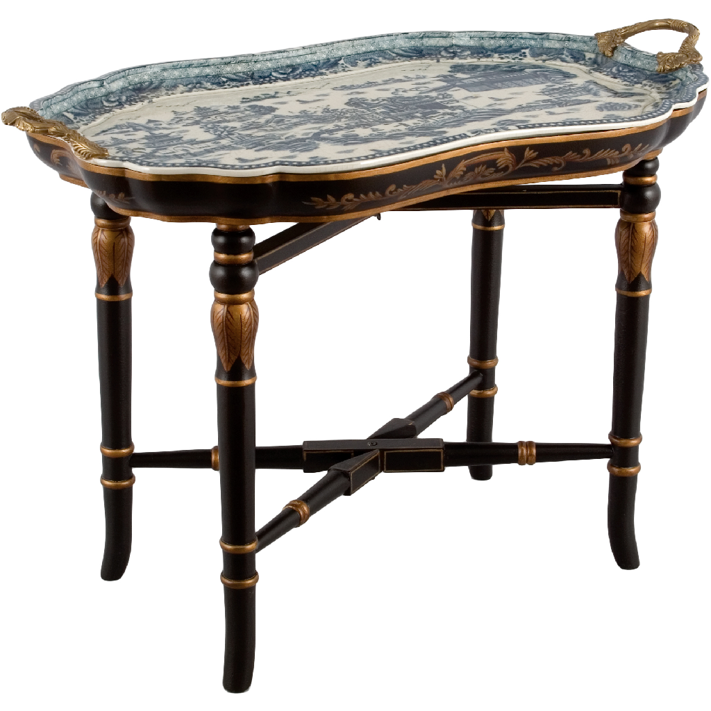 Porcelain Tray With Wood Stand - Blue Willow