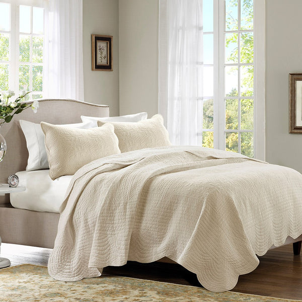 Tuscany 3 Piece Reversible Scalloped Edge Coverlet Set - Cream