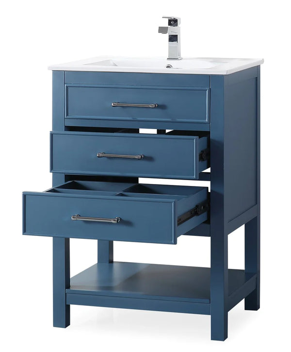 24'' Aruzza Teal Blue Narrow Bathroom Vanity with 2 Drawers and Open Shelf