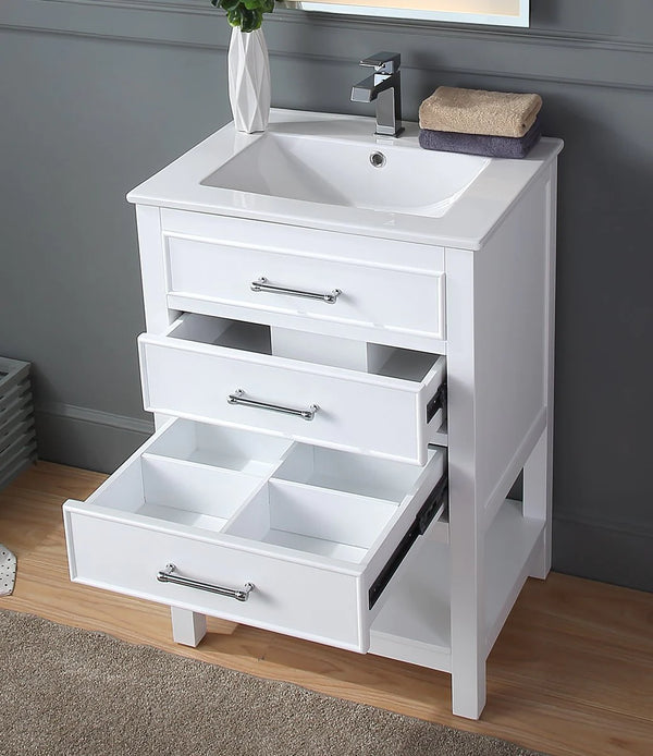 24'' Aruzza White Narrow Bathroom Vanity with 2 Drawers and Open Shelf
