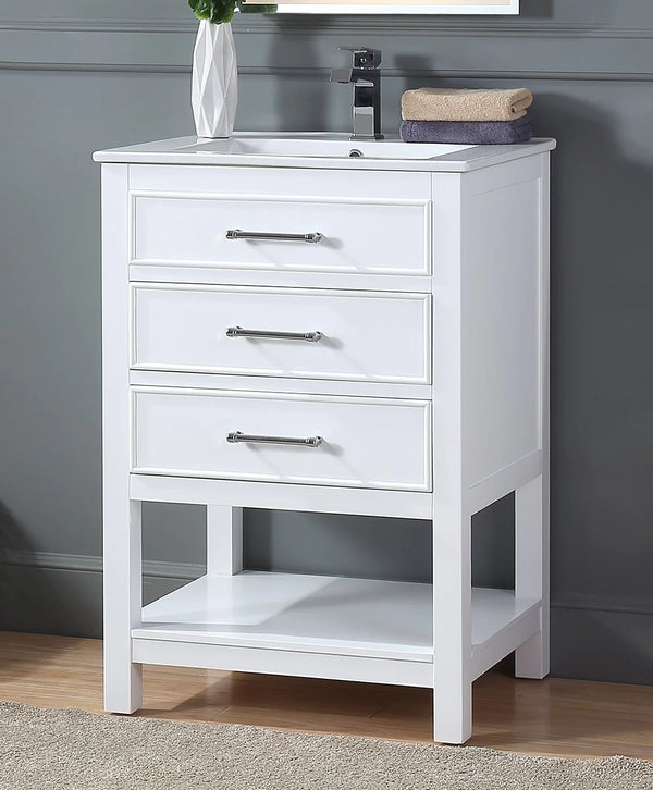 24'' Aruzza White Narrow Bathroom Vanity with 2 Drawers and Open Shelf
