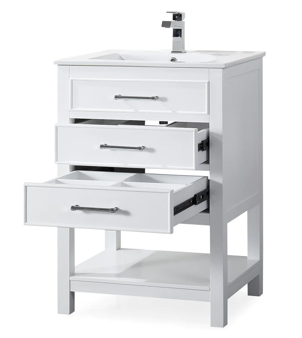 24'' Aruzza White Narrow Bathroom Vanity with 2 Drawers and Open Shelf