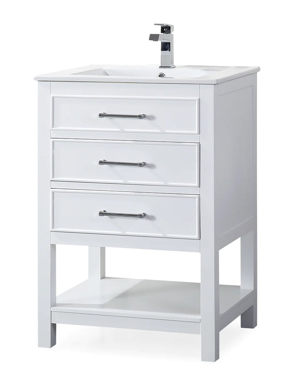 24'' Aruzza White Narrow Bathroom Vanity with 2 Drawers and Open Shelf