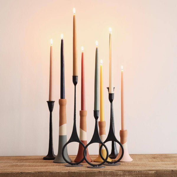 SET OF THREE CAST IRON TAPER CANDLE HOLDERS WITH RING DETAIL