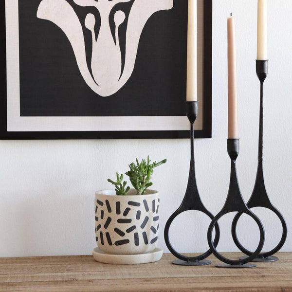 SET OF THREE CAST IRON TAPER CANDLE HOLDERS WITH RING DETAIL