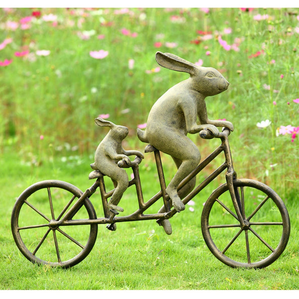 Tandem Bicycle Bunnies Garden Sculpture with Stake