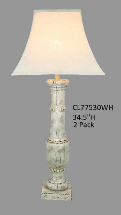 A rustic wood table lamp with a white linen softback shade, including a bulb, standing 34.5 inches tall with a 250W power rating.