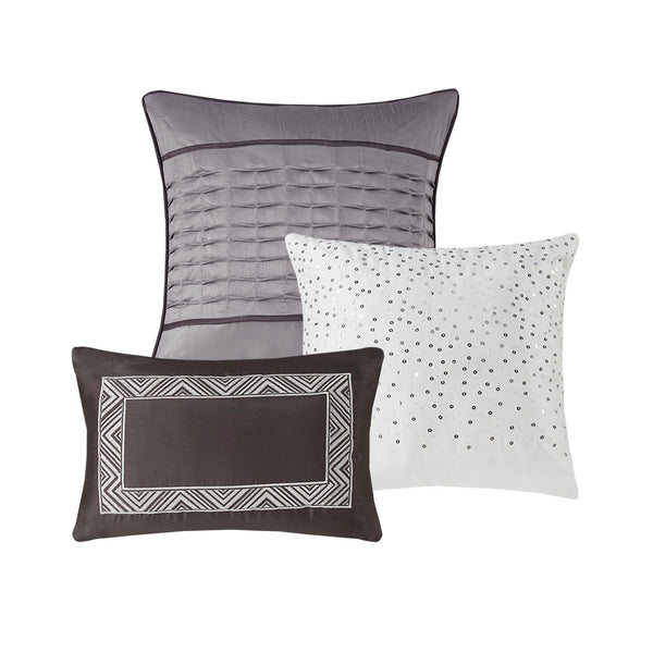 Rhapsody 6 Piece Reversible Jacquard Quilt Set with Throw Pillows in Grey/Taupe